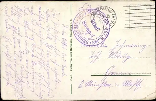 Dt. Feldpost, Truppenstempel, Ers. Depot Inf. Rgt. No. 148, Strassburg, I WK