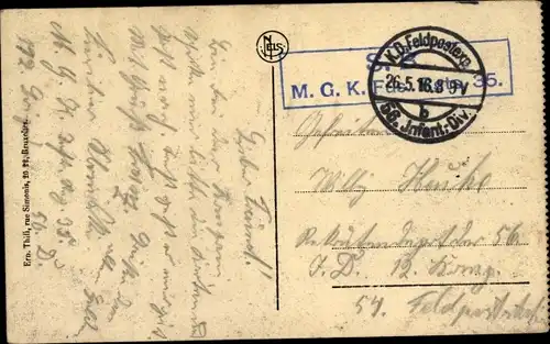 Dt. Feldpost, Truppenstempel, MG Komp. Füs. Rgt. 35, Feldpostexped. 56. Inf. Div., I WK