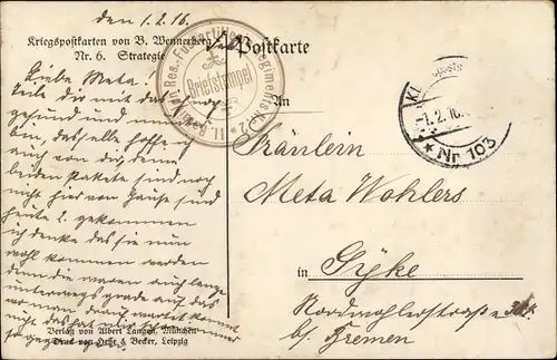 Dt. Feldpost, Truppenstempel, II. Batl. Res. Fußartillerie Regiment Nr. 2, Feldpoststation Nr. 103