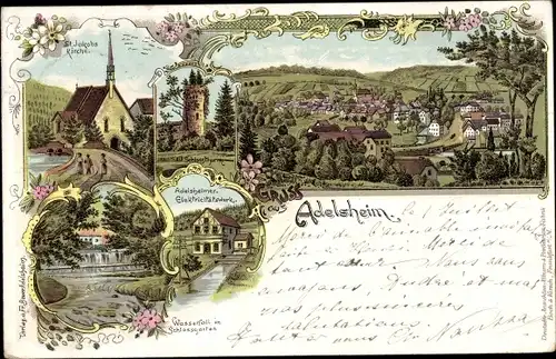 Litho Adelsheim in Baden, Elektrizitätswerk, St. Jakobskirche, Wasserfall im Schlossgarten