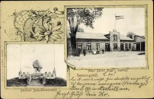 Ak Hemmingstedt im Kreis Dithmarschen, Hans Daniel Holm's Gasthof, Denkmal Dusenddüwelswarf