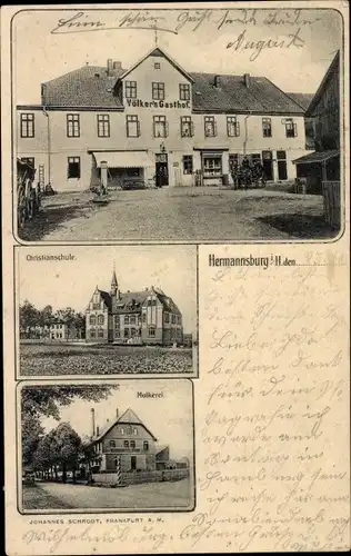 Ak Hermannsburg Südheide in der Lüneburger Heide, Christiansschule, Molkerei, Völker's Gasthof