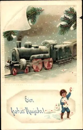 Präge Ak Glückwunsch Neujahr, Dampflok im Schneefall, Junge mit Briefen