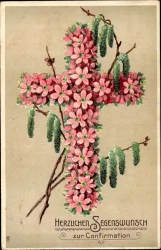 Präge Litho Glückwunsch Konfirmation, Kreuz aus Blüten, Haselzweige
