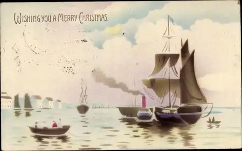 Ak Glückwunsch Weihnachten, Segelschiff, Ruderboote
