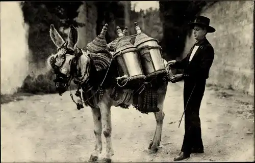 Ak Granada, Aguador tipico, Mann in Tracht, geschmückter Esel, Wassertransport