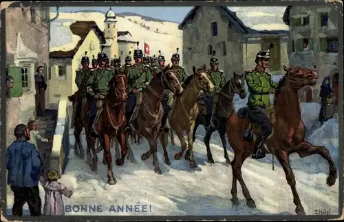 Künstler Ak Cavallerie dans un village de montagne, Schweizer Kavallerie, Bonne Année