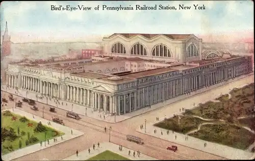Ak New York City USA, Vogelschau auf Pennsylvania Railroad Station