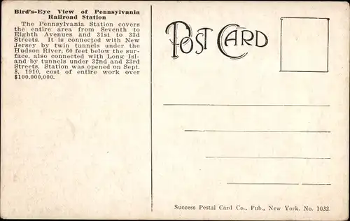 Ak New York City USA, Vogelschau auf Pennsylvania Railroad Station