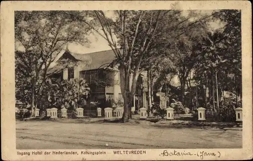 Ak Weltevreden Batavia Jakarta Indonesien, Ingang Hotel der Nederlanden, Koningsplein