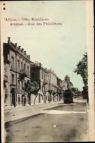 Ak Athen Griechenland, Rue des Philellenes, Straßenbahn