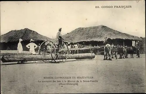 Ak Brazzaville Französisch Kongo, Le Transport des bois a la Mission de la Sainte Famille