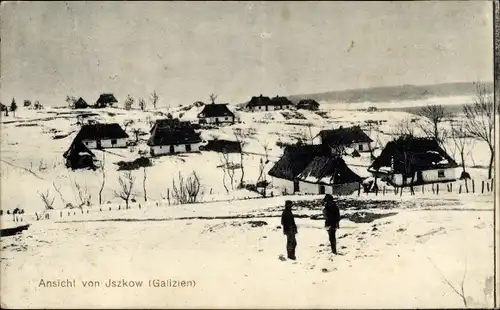 Ak Iszkow Galizien Ukraine, Totalansicht der Ortschaft, Winter, I. WK