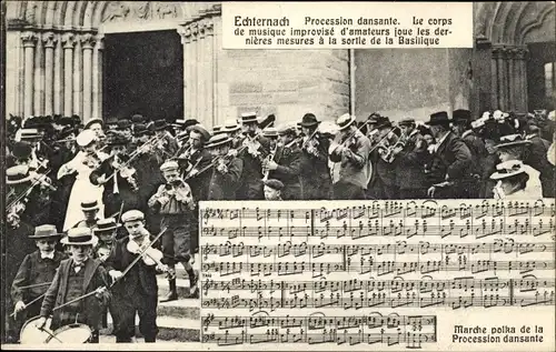 Lied Ak Echternach Luxemburg, Procession dansante, Corps de Musique, Basilique, Marsch Polka