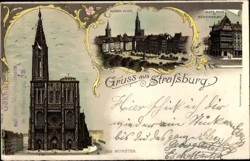 Litho Strasbourg Straßburg Elsass Bas Rhin, Münster, Kleber Platz, altes Haus u. Münsterplatz