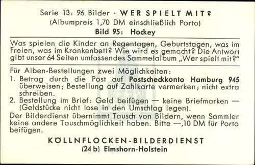 Sammelbild Wer spielt mit? Nr. 95 Hockey