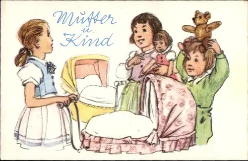 Sammelbild Wer spielt mit? Nr. 22 Mutter und Kind, Mädchen mit Puppenwagen, Teddy