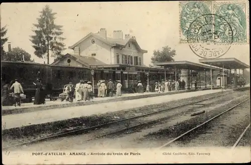 Ak Amance Haute Saône, La Gare, Gleisansicht, Arrivée du train de Paris
