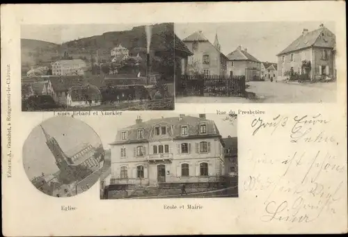 Ak Rougemont le Château Territoire de Belfort, Usines Erbard et Vinekler, Eglise, Ecole et Mairie