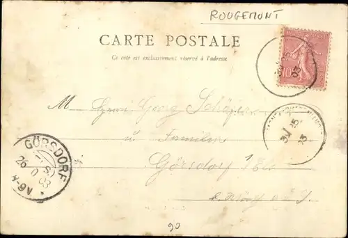 Ak Rougemont le Château Territoire de Belfort, Usines Erbard et Vinekler, Eglise, Ecole et Mairie