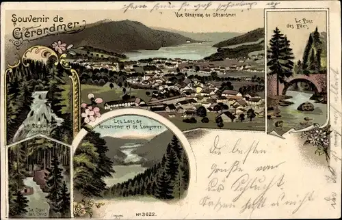 Litho Gérardmer Lothringen Vosges, Lac Longemer, Vue generale, Cascade, Le Pont des Fées