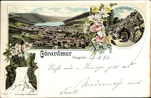 Litho Gérardmer Lothringen Vosges, la Roche du Diable, Vue generale, Cascade