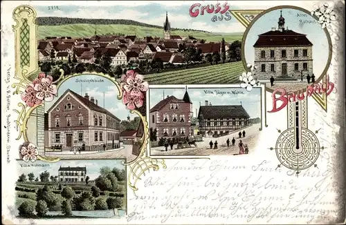 Litho Baunach in Oberfranken, Rathaus, Villa Jäger mit Mühle, Schule, Totalansicht