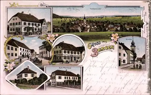 Litho Bargen in Baden Württemberg, Kirche, Pfarrhaus, Totalansicht, Gasthaus