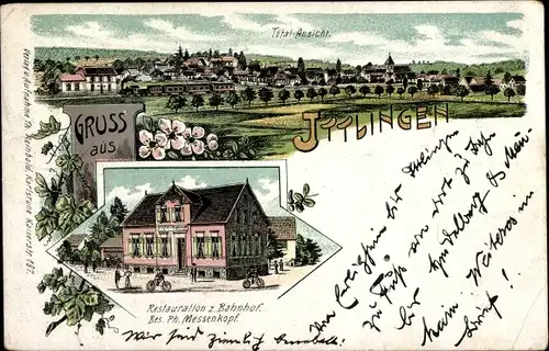 Litho Ittlingen im Kraichgau, Totalansicht, Restauration zum Bahnhof
