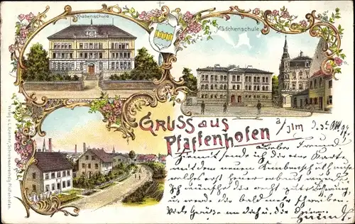 Litho Pfaffenhofen an der Ilm Oberbayern, Mädchenschule, Knabenschule, Ortsansicht