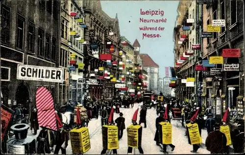 Ak Leipzig in Sachsen, Neumarkt während der Messe, Schilder