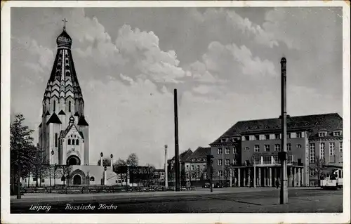 Ak Leipzig, russische Kirche, Straßenbahn