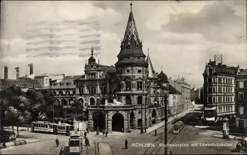 Ak München, Stiglmaierplatz mit Löwenbräukeller, Straßenbahn