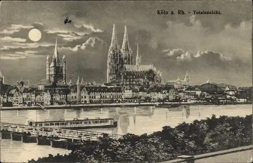 Mondschein Ak Köln am Rhein, Totalansicht, Nacht, Dom, Brücke