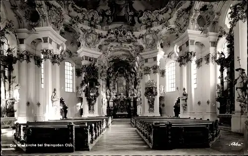 Ak Wies Steingaden in Oberbayern, Wallfahrtskirche, Innenansicht, Altar, Kanzel, erbaut 1746-1754