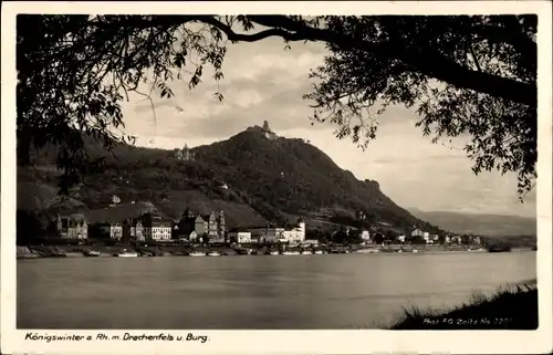 Ak Königswinter am Rhein, Panorama mit Drachenfels und Drachenburg