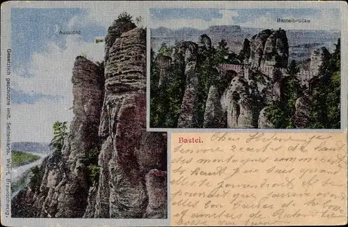Ak Lohmen Sächsische Schweiz, Bastei, Basteibrücke, Aussicht, Seidenimitat