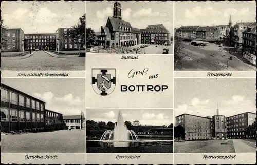 Ak Bottrop im Ruhrgebiet, Pferdemarkt, Rathaus, Knappschaftkrankenhaus, Wappen, Cyriakusschule