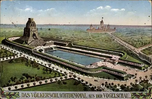 Künstler Ak Leipzig in Sachsen, Völkerschlachtdenkmal aus der Vogelschau