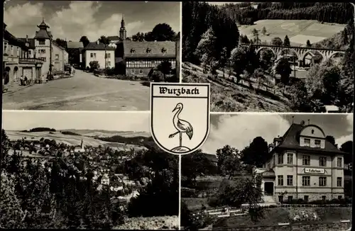 Ak Wurzbach in Thüringen, Ortsansicht, Brücke, Wappen