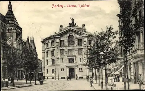 Ak Aachen in Nordrhein Westfalen, Theater, Rückfront, Straßenbahn