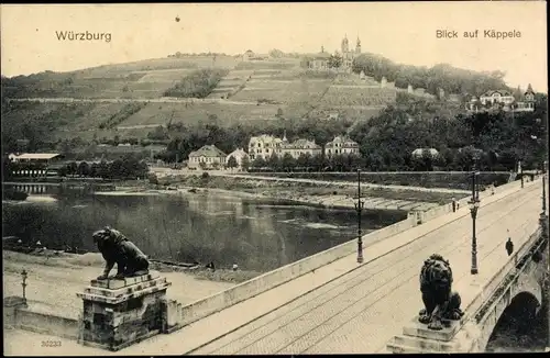 Ak Würzburg am Main Unterfranken, Blick auf Käppele, Löwenstatuen