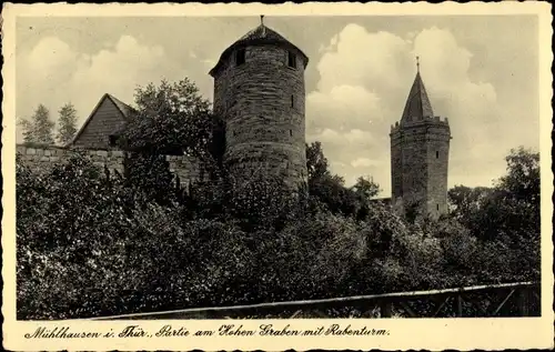 Ak Mühlhausen in Thüringen, Partie am hohen Graben mit Rabenturm