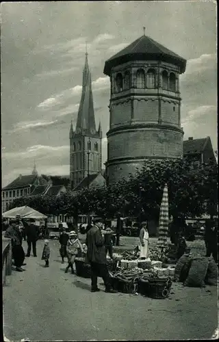 Ak Düsseldorf am Rhein, Schlossturm und Lambertuskirche, Marktstände