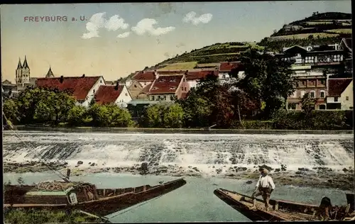 Ak Freyburg an der Unstrut, Boote, Wehr, Blick zur Stadt