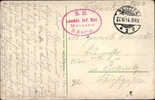 Dt. Feldpost, Truppenstempel, Landsturm Infanterie bat. Meissen, 3. Komp., Bautzen, I WK