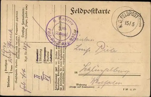 Dt. Feldpost, Truppenstempel, Fernsprech Abteilung 480, I WK