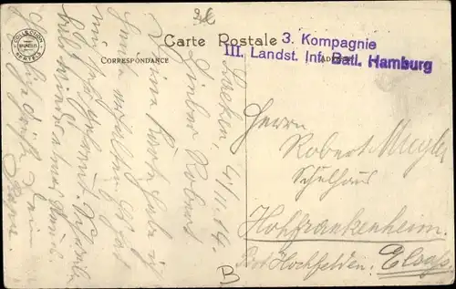 Ak Stempel Deutsche Feldpost 1. WK, 3. Kompagnie III. Landst. Inf. Batl. Hamburg
