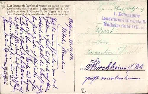 Ak Stempel Deutsche Feldpost 1. WK, 1. Kompagnie Landsturm Inftr. Bataillon Mülheim Ruhr VII. 59