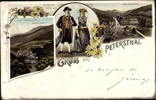 Litho Bad Freyersbach Bad Peterstal Griesbach im Schwarzwald, Panorama, Volkstracht, Straßenpartie